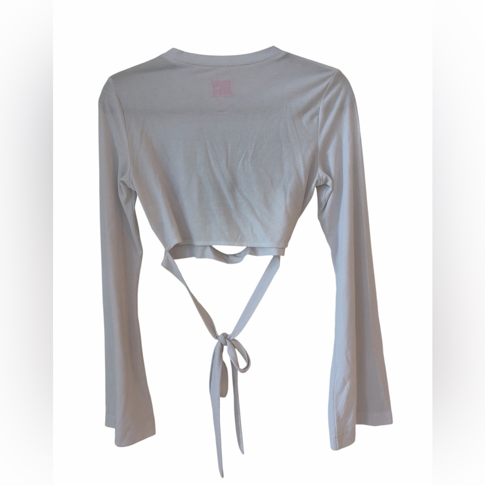 Juicy Couture Long Bell Sleeve Cut Out Wrap Crop Top NWOT Black White Shirt XS - Picture 4 of 17
